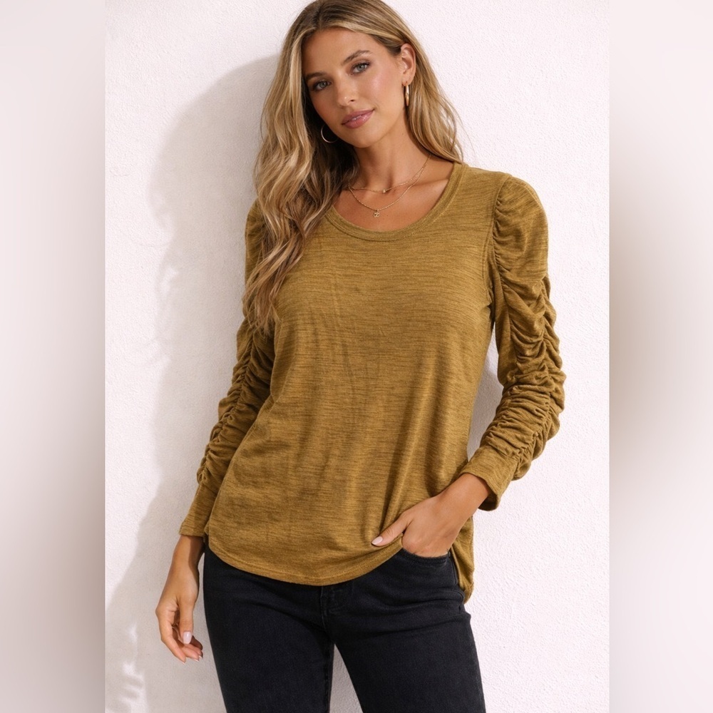 House of Harlow 1960 Olive Green Ruched Sleeve Blouse Large